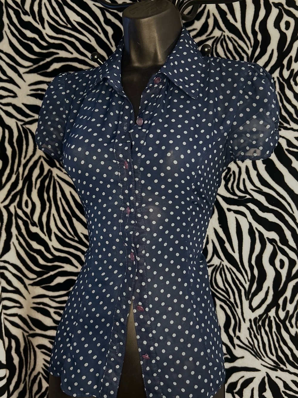 Navy Polka Dot Short Sleeve Button-Up Top